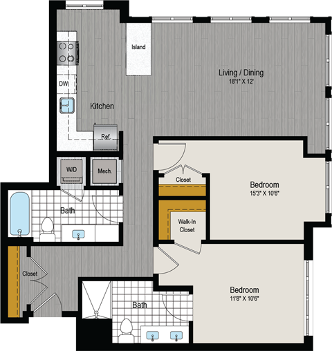 the floor plan of a bedroom apartment with a bathroom and a living room